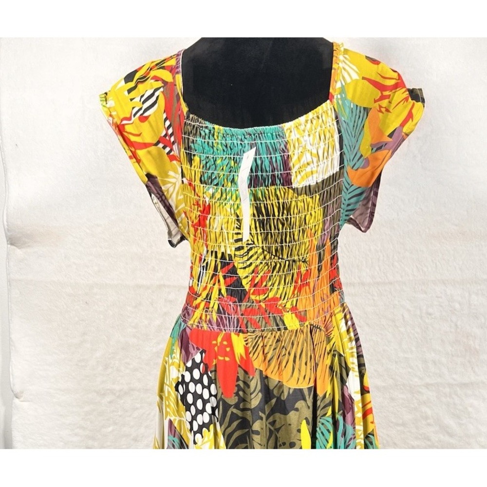 Shore Dewy Missy Smocked Square Neck Midi Dress Tropical Leaf Print One Size